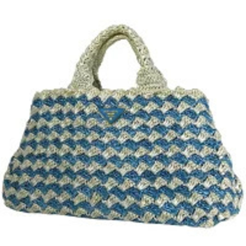 Prada Plate Tote Bag Handbag Basket Raffia Blue White